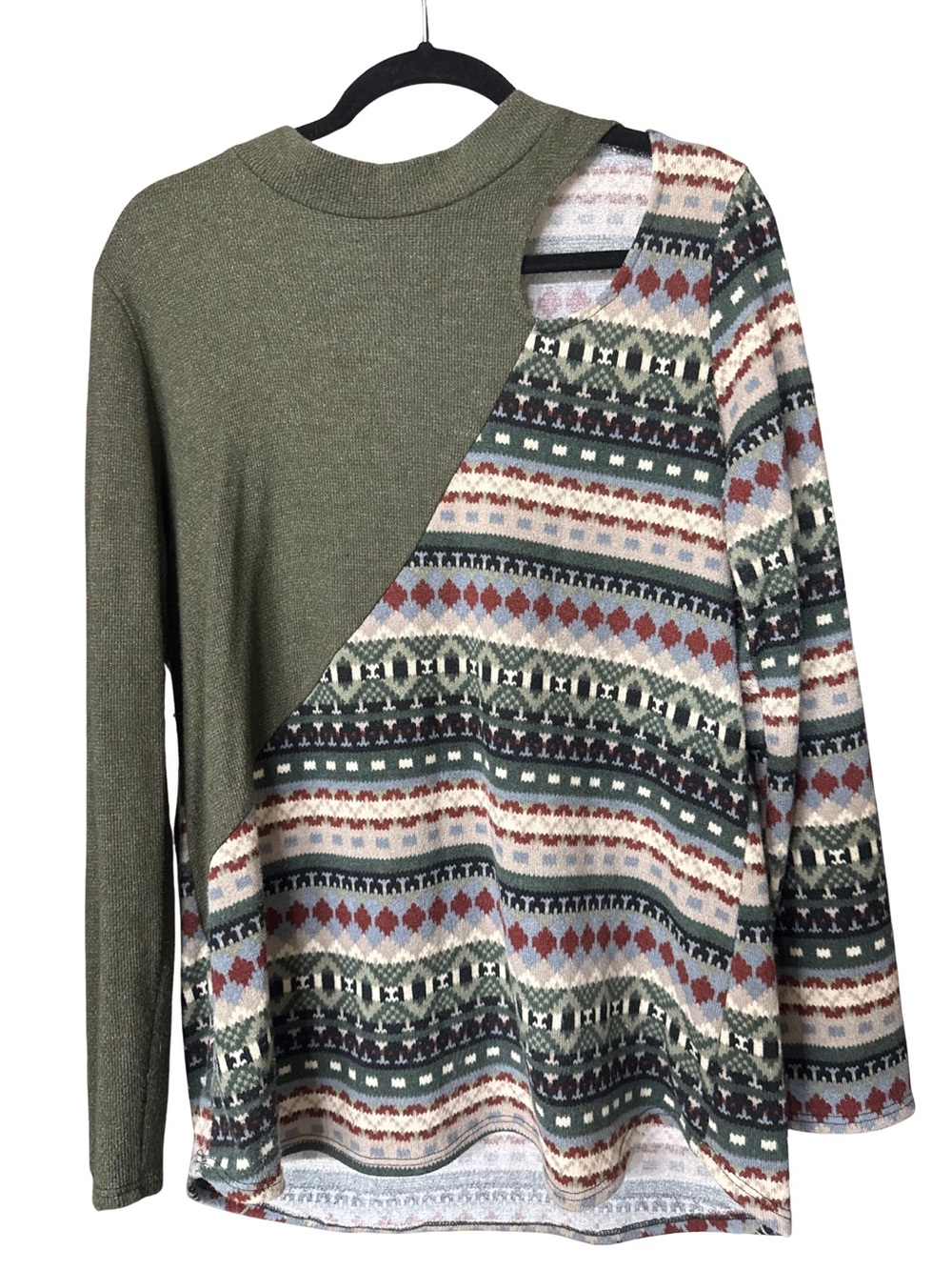 Celeste Olive Green and Multi-Pattern Crewneck Sweater